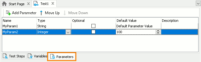 The Parameters page of the Keyword Test editor