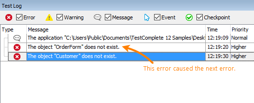 Consequent error messages in the test log