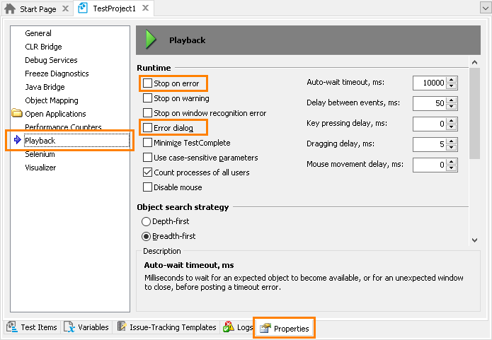 Disable the project's 'Stop on Error' and 'Error Dialog' playback options.