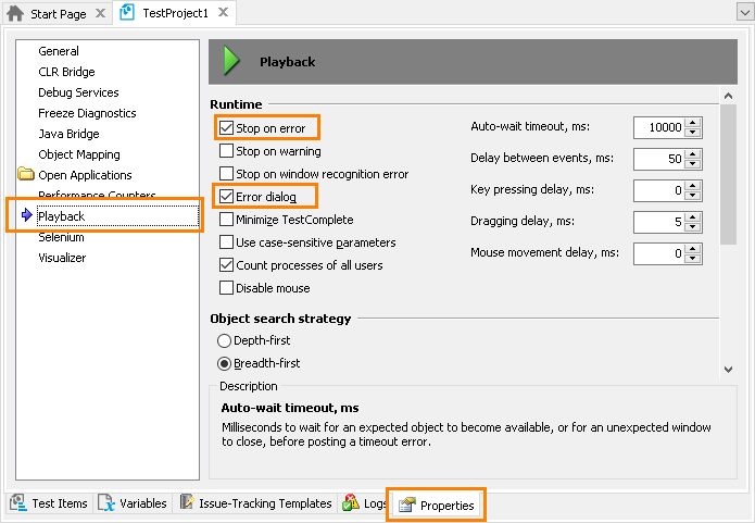 The 'Stop on Error' and 'Error Dialog' playback options