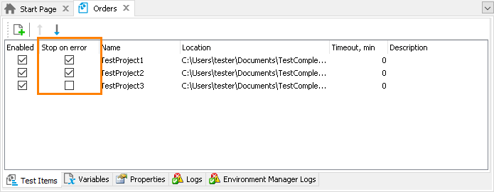 Project Suite test items' 'Stop on Error' property