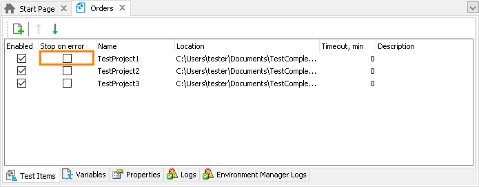 Disable test item's 'Stop on Error' property