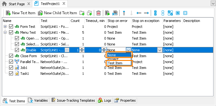 Specifying project's test items to None or Test Item