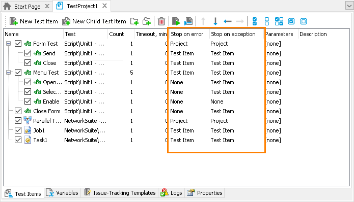 Project test items' 'Stop on Error' and 'Stop on Exception' properties