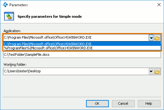 Parameters Dialog - Selecting the Path Format