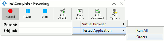 Running an application during test recording