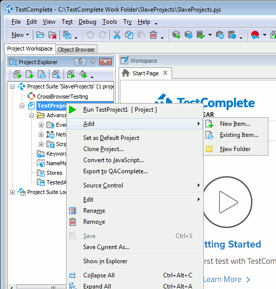 Adding a new project item to the project