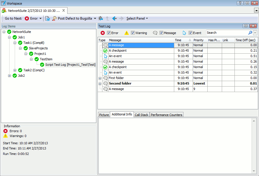 Test Log panel