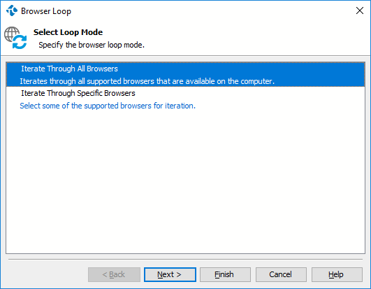 Getting Started with TestComplete (Web): Browser Loop operation parameters