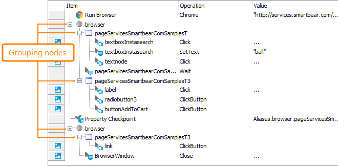 Getting Started with TestComplete (Web): Grouping nodes