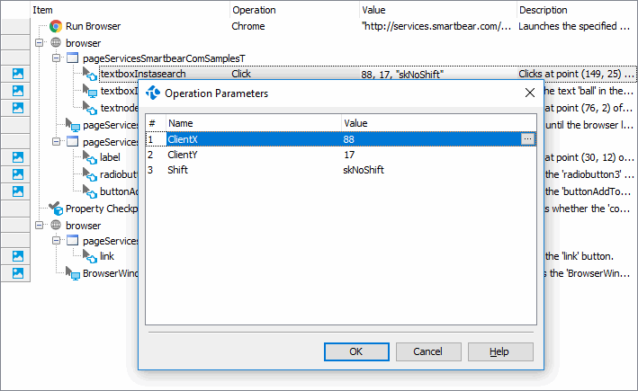 Getting Started with TestComplete (Web): The Operation Parameters dialog