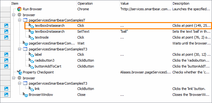 Getting Started with TestComplete (Web): The Click operation recorded with coordinates