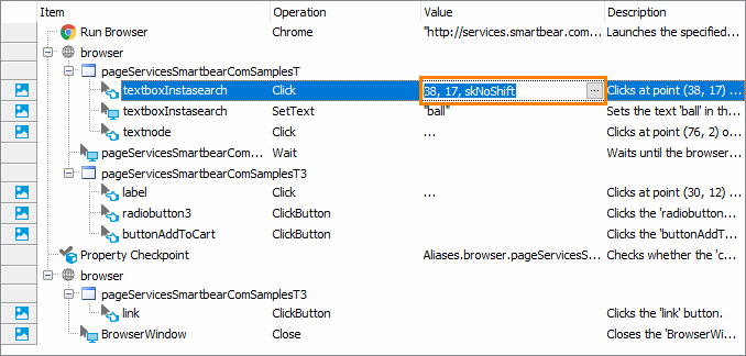 Getting Started with TestComplete (Web): Click in the Value column of the Click operation