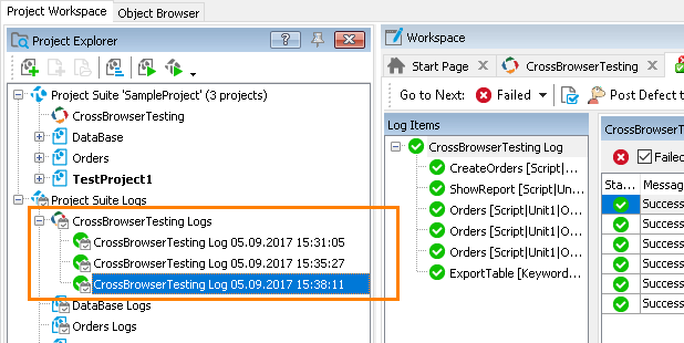 CrossBrowserTesting logs in Project Explorer
