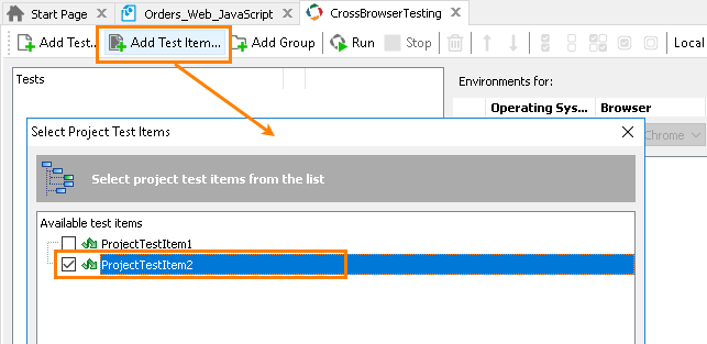 Integration with CrossBrowserTesting.com: Assigning test items to the environment list