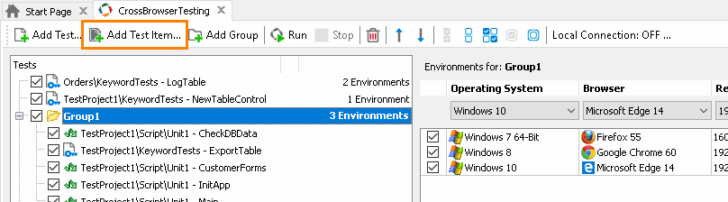 Integration with CrossBrowserTesting.com: Call the Select Project Test Items dialog to assign several test items to a CrossBrowserTesting environment