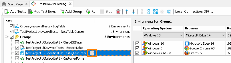 Integration with CrossBrowserTesting.com: Call the Select Project Test Item dialog to replace a test item assigned to the CrossBrowserTesting environment