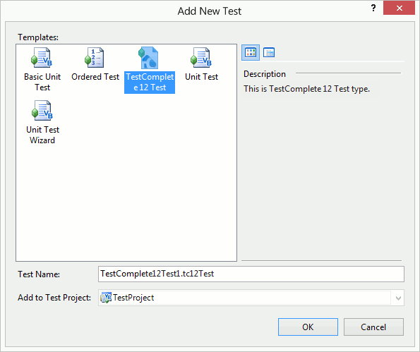 TestComplete integration with Visual Studio: Adding TestComplete Test item via Add New Test Dialog