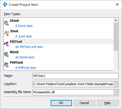 Creating a new MSTest item.