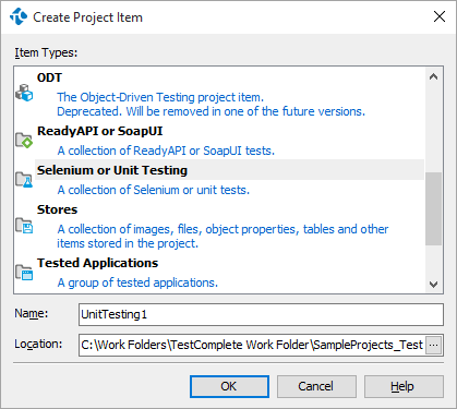 The Create Project Items dialog