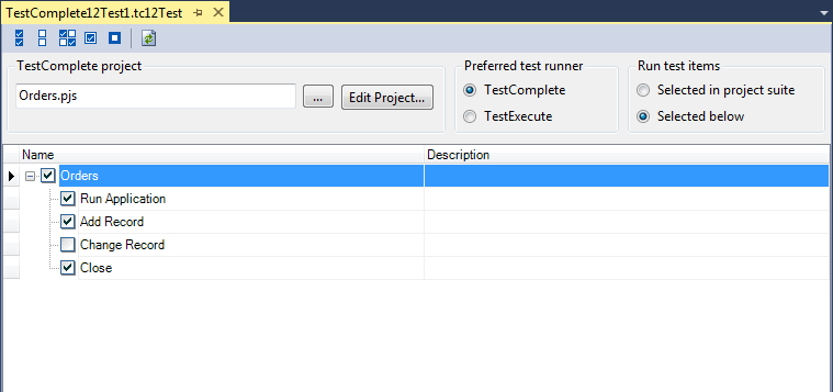 TestComplete integration with Visual Studio: Configuring TestComplete Test item to run TestComplete tests