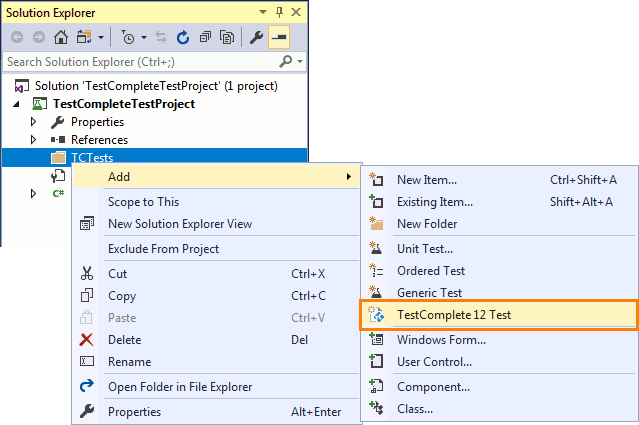 TestComplete integration with Visual Studio: Adding TestComplete Test item to the Visual Studio test project