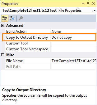 TestComplete integration with Visual Studio: Configuring TestComplete 12 Test item properties