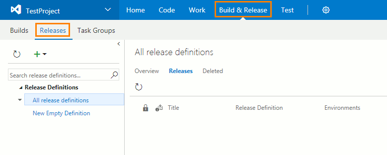 TestComplete integration with Visual Studio: Releases page of the Build & Release hub
