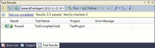 TestComplete integration with Visual Studio: Results of the TestComplete 12 Test item in the Test Results panel of Visual Studio 2010