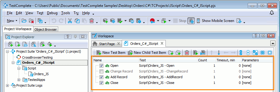 TestComplete integration with Visual Studio: Test items in a TestComplete project