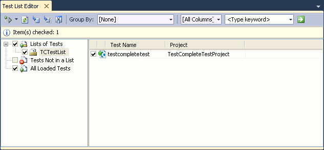 TestComplete integration with Visual Studio: A TestComplete 12 Test item in the Test List panel