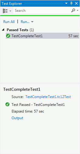 TestComplete integration with Visual Studio: Results of the TestComplete 12 Test item in the Test Results panel of Visual Studio 2012