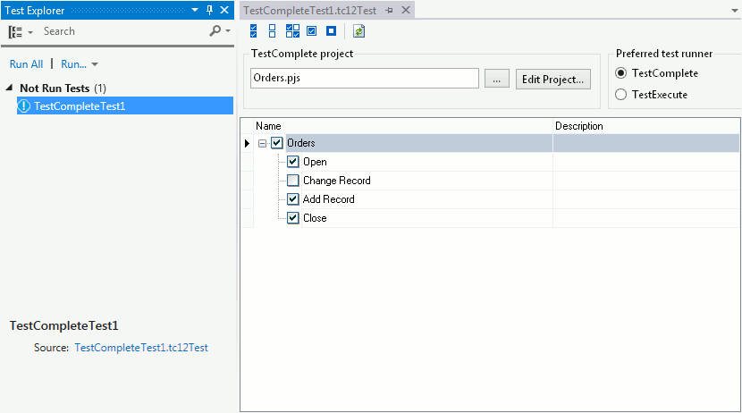 TestComplete integration with Visual Studio: A TestComplete 12 Test item in Test Explorer panel