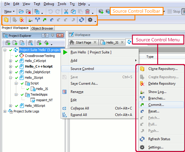 Source Control menu and Source Control toolbar with Git integration enabled.