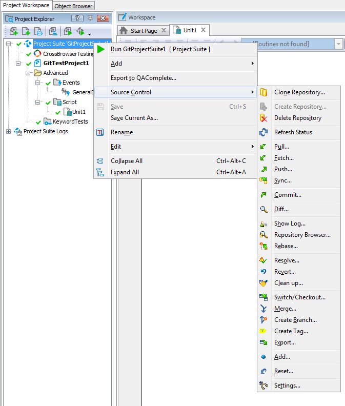 Items of the Source Control menu with TortoiseGit integration enabled.