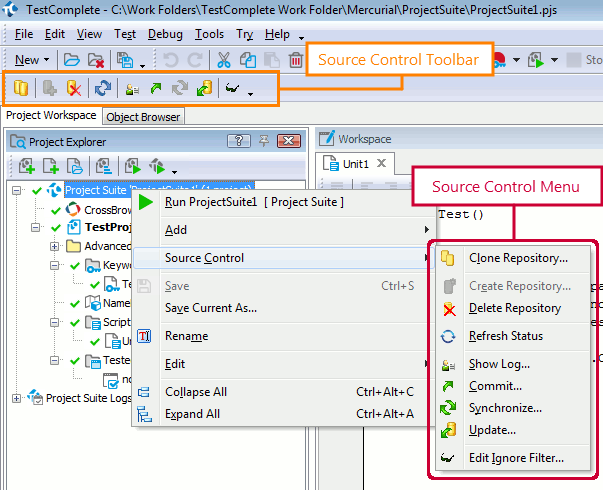 Source Control menu and Source Control toolbar with Mercurial integration enabled.