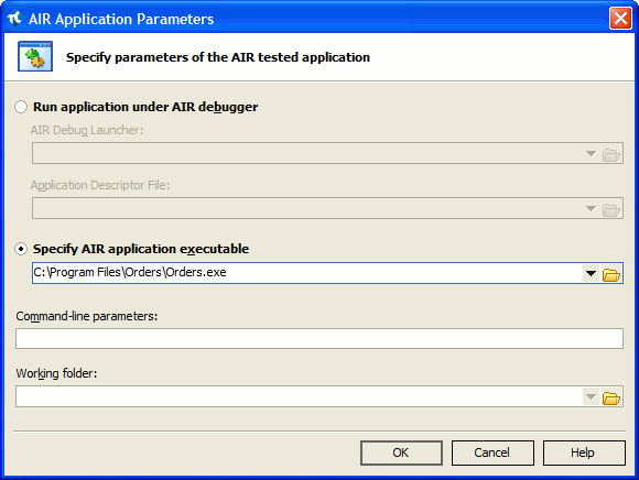 AIR Application Parameters Dialog