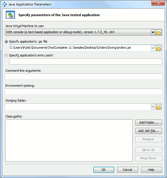 Java Application Parameters Dialog