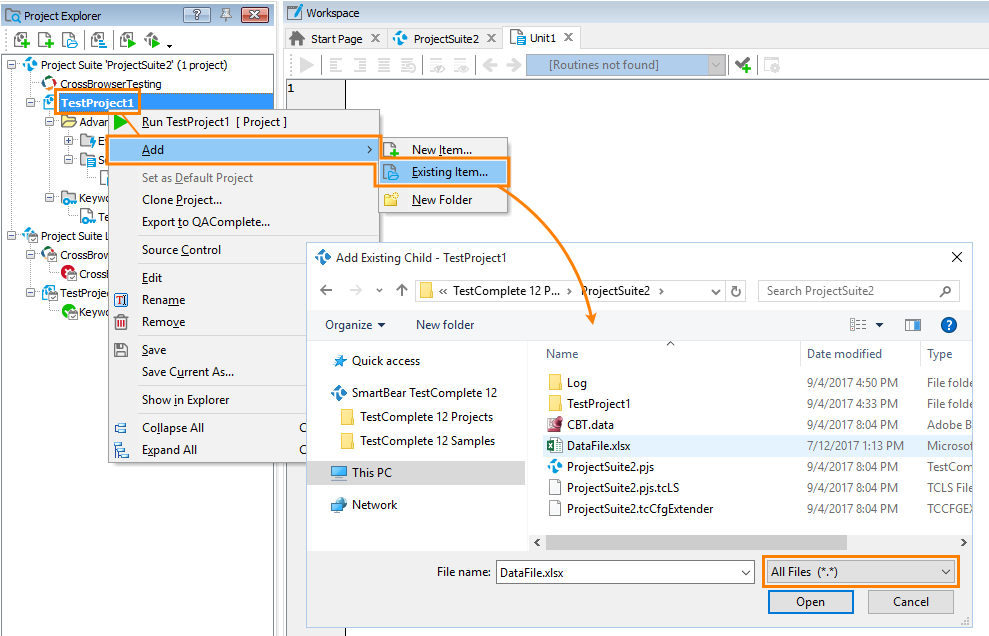 Adding files to TestComplete projects