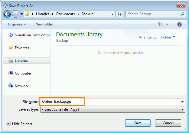 Creating a backup copy of a TestComplete project suite: Specifying the project suite's name and location