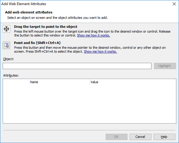 Add Web Element Attributes Dialog