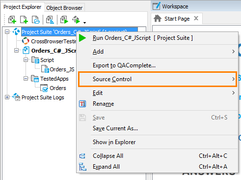 Automated testing with TestComplete: The Source Control menu command
