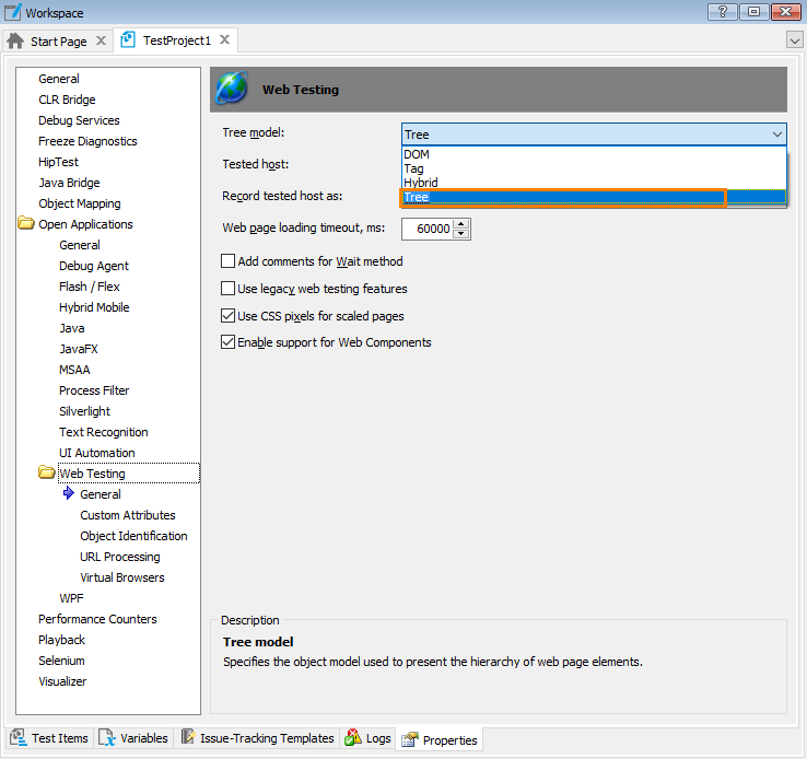 Project Properties - Web Testing Options