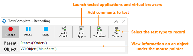 Recording toolbar in TestComplete 12.3 - Expanded