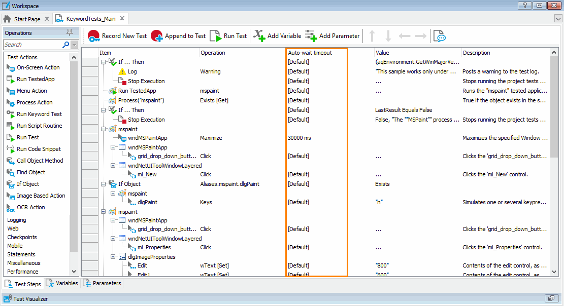 Auto-wait timeout column in the Keyword Test editor