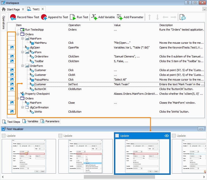 Keyword test operations with the captured screenshots in the Visualizer panel