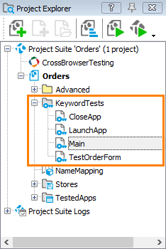 Keyword-driven tests in the Project Explorer panel