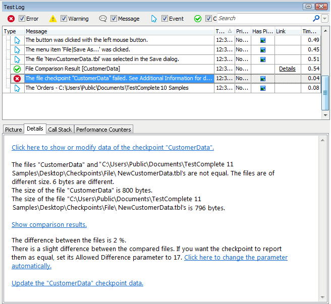 Details panel containing the file checkpoint verification results