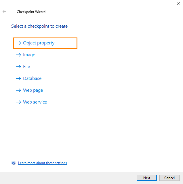 Property Checkpoint: Selecting a checkpoint type