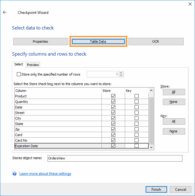 Table Checkpoints: The Select Data to Store page of the Table Checkpoint wizard